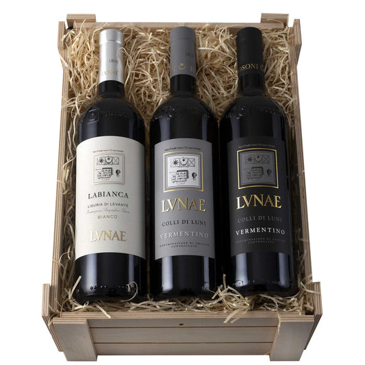 Colli di Luni Vermentino DOC "Etichetta Nera" 2024 + Colli di Luni Vermentino DOC "Etichetta Grigia" 2024 + Liguria di Levante Bianco IGT "Labianca" 2024 - Lunae (cassetta di legno)